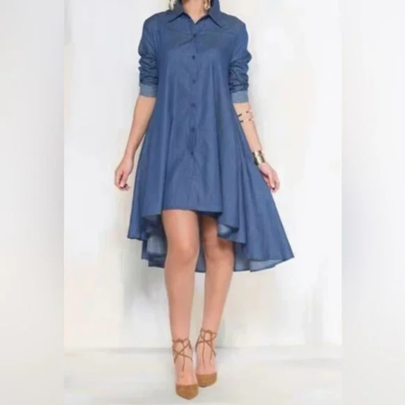 Gracia | Dresses | Gracia Chambray Denim Button Down Pocket Swing Hilo  Ruffle Collar Shirt Dress S | Poshmark